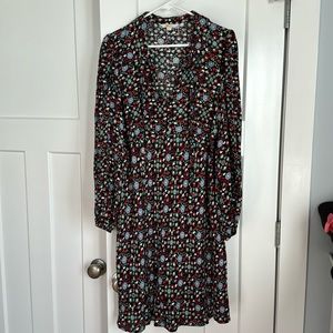 Boden Black Gardenia Swirl Floral Tie Neck Blouson Sleeve Shirt Dress size 12